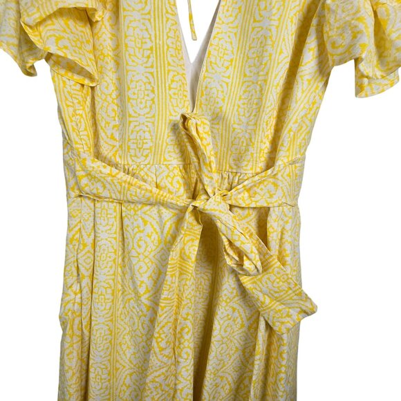 Monsoon and Beyond Handmade Chloe Yellow Ruffle Sleeve Deep V Midi Dress Sz M - Picture 10 of 12